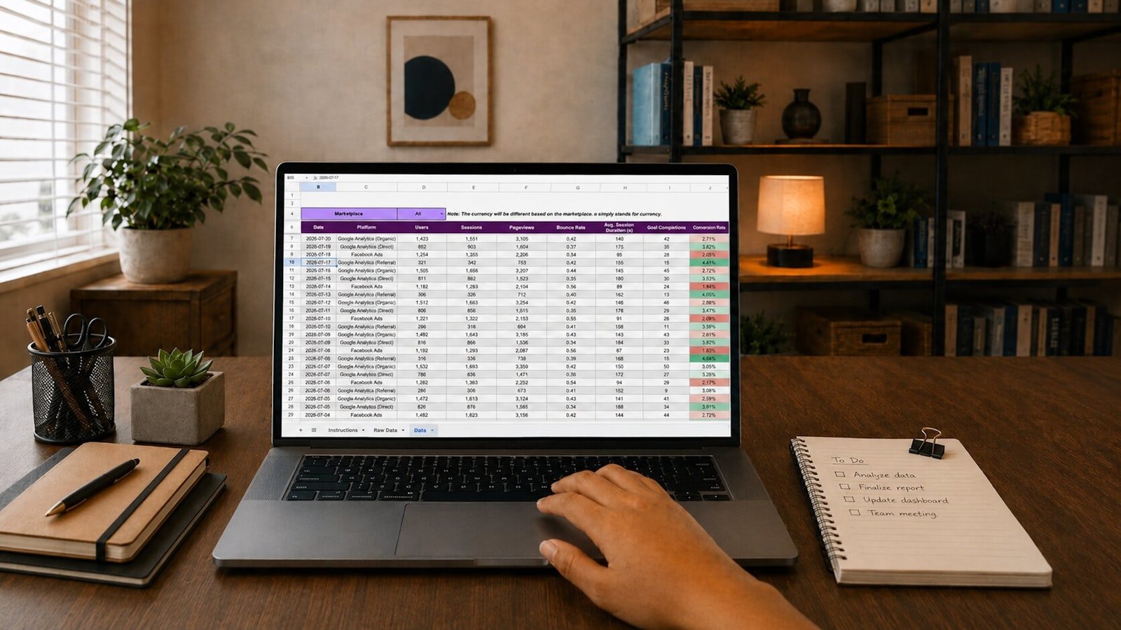 A laptop on a tidy desk showing a spreadsheet full of rows of data